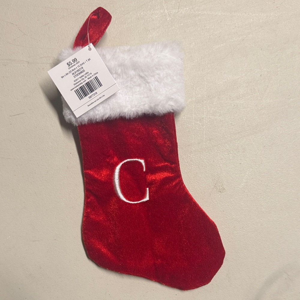 Red Velvet Monogram 'C' Christmas Stocking with White Fur Cuff